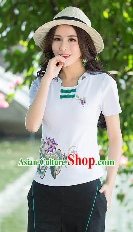 Traditional Ancient Chinese National Costume, Elegant Hanfu Embroidered Lotus Flowers Base Shirt, China Tang Suit Plated Buttons White Blouse Cheongsam Qipao Shirts Clothing for Women