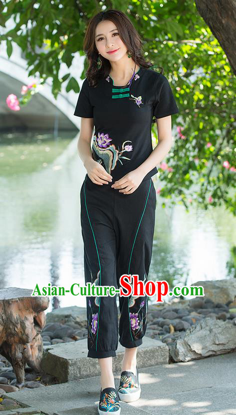 Traditional Ancient Chinese National Costume, Elegant Hanfu Embroidered Lotus Flowers Base Shirt, China Tang Suit Plated Buttons Black Blouse Cheongsam Qipao Shirts Clothing for Women