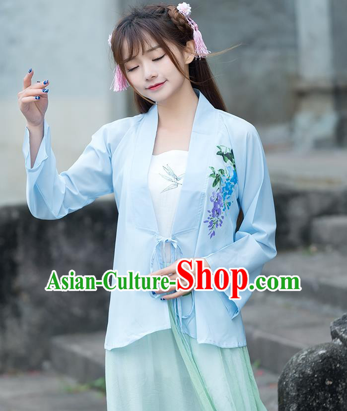 Traditional Ancient Chinese National Costume, Elegant Hanfu Printing Chiffon Light Blue Shirt, China Ming Dynasty Tang Suit Blouse Cheongsam Qipao Shirts Clothing for Women
