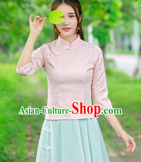 Traditional Ancient Chinese National Costume, Elegant Hanfu Embroidered Pink Shirt, China Tang Suit Mandarin Collar Blouse Cheongsam Qipao Shirts Clothing for Women