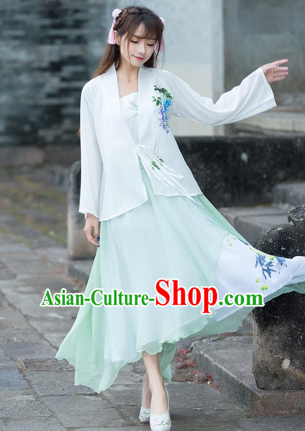 Traditional Ancient Chinese National Costume, Elegant Hanfu Printing Chiffon White Shirt, China Ming Dynasty Tang Suit Blouse Cheongsam Qipao Shirts Clothing for Women