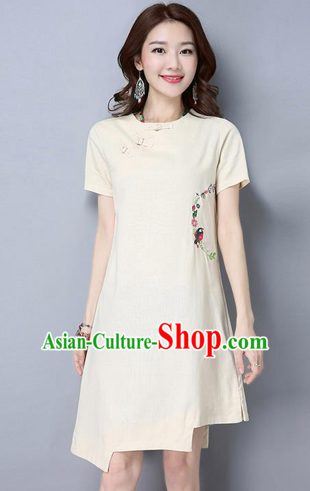Traditional Chinese National Costume, Elegant Hanfu Round Collar Qipao Embroidered Dress, China Tang Suit Plated Buttons Cheongsam Upper Outer Garment Elegant Dress Clothing for Women