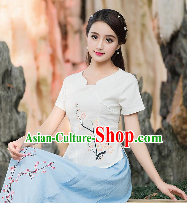 Traditional Chinese National Costume, Elegant Hanfu Embroidered Peach Blossom Flowers White T-Shirt, China Tang Suit Blouse Cheongsam Qipao Shirts Clothing for Women