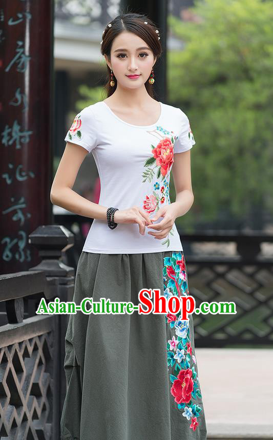 Traditional Ancient Chinese National Costume, Elegant Hanfu Embroidered Peony White T-Shirt, China Tang Suit Blouse Cheongsam Qipao Shirts Clothing for Women