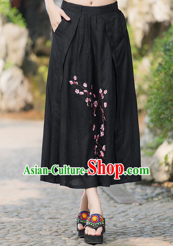 Traditional Ancient Chinese National Costume Pleated Skirt, Elegant Hanfu Embroidered Plum Blossom Linen Black Dress, China Tang Suit Bust Skirt for Women
