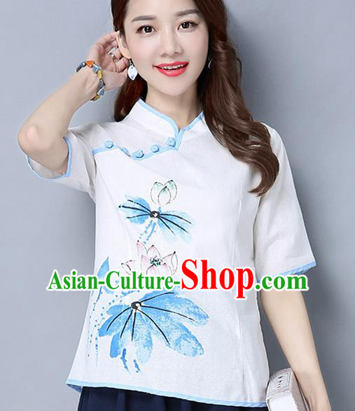 Traditional Ancient Chinese National Costume, Elegant Hanfu Stand Collar Painting Lotus White Shirt, China Tang Suit Mandarin Collar Blouse Cheongsam Qipao Shirts Clothing for Women