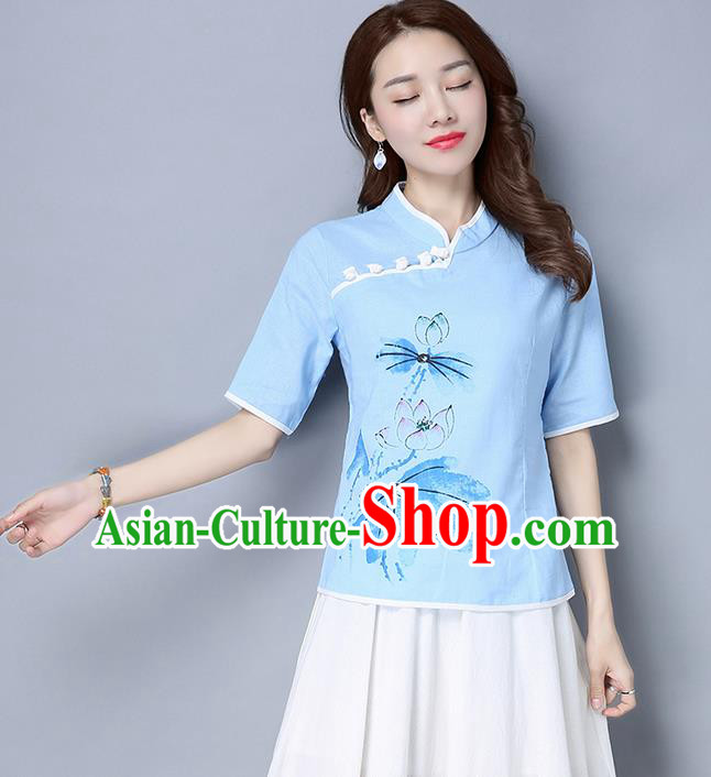Traditional Ancient Chinese National Costume, Elegant Hanfu Stand Collar Painting Lotus Blue Shirt, China Tang Suit Mandarin Collar Blouse Cheongsam Qipao Shirts Clothing for Women