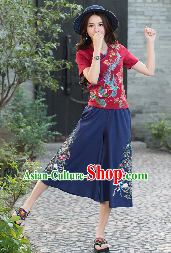 Traditional Chinese National Costume Pantskirt, Elegant Hanfu Embroidered Navy Loose Pants, China Ethnic Minorities Tang Suit Ultra-Wide-Leg Trousers for Women