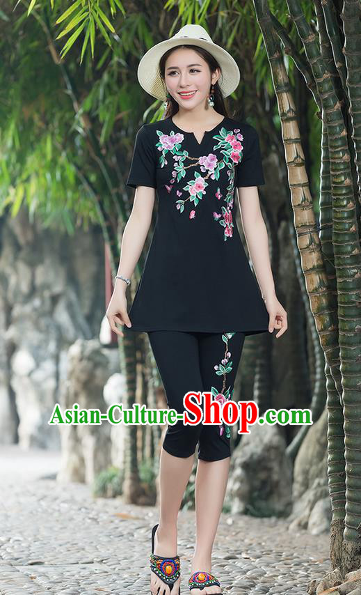 Traditional Chinese National Costume, Elegant Hanfu Embroidery Peach Blossom Flowers Black T-Shirt, China Tang Suit Blouse Cheongsam Upper Outer Garment Qipao Shirts Clothing for Women