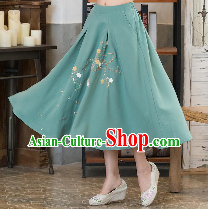 Traditional Ancient Chinese National Pleated Skirt Costume, Elegant Hanfu Embroidered Long Dress, China Tang Suit Green Bust Skirt for Women