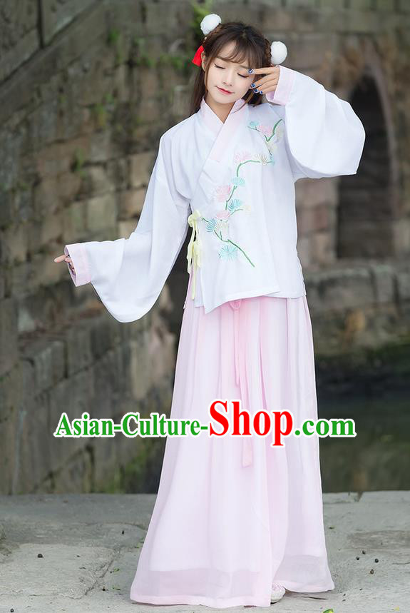 Traditional Chinese Ancient Costume, Elegant Hanfu Clothing Embroidered Wide Sleeve Blouse and Dress, China Ming Dynasty Elegant Pink Blouse and Skirt Complete Set for Women