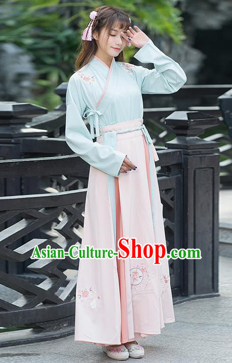 Traditional Chinese Ancient Costume, Elegant Hanfu Clothing Embroidered Slant Opening Blouse and Dress, China Ming Dynasty Elegant Blouse and Skirt Complete Set for Women