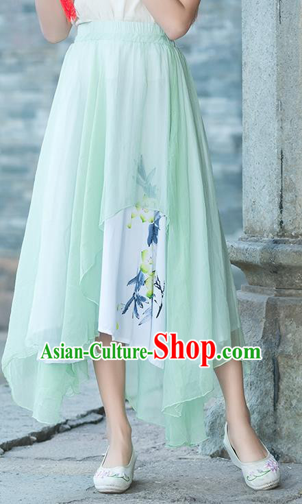Traditional Chinese National Costume Pleated Skirt, Elegant Hanfu Printing Chiffon Green Half Dress, China Tang Suit Bust Skirt for Women
