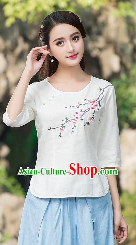 Traditional Chinese National Costume, Elegant Hanfu Embroidery Plum Blossom Round Collar White T-Shirt, China Tang Suit Plated Buttons Blouse Cheongsam Upper Outer Garment Qipao Shirts Clothing for Women