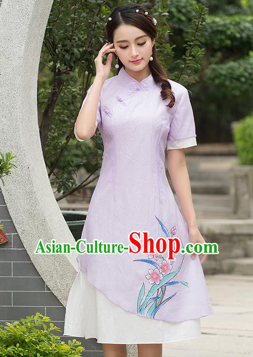 Traditional Ancient Chinese National Costume, Elegant Hanfu Print Orchild Flowers Madarin Qipao Dress, China Style Chirpaur Tang Suit Cheongsam Upper Outer Garment Elegant Dress Clothing for Women
