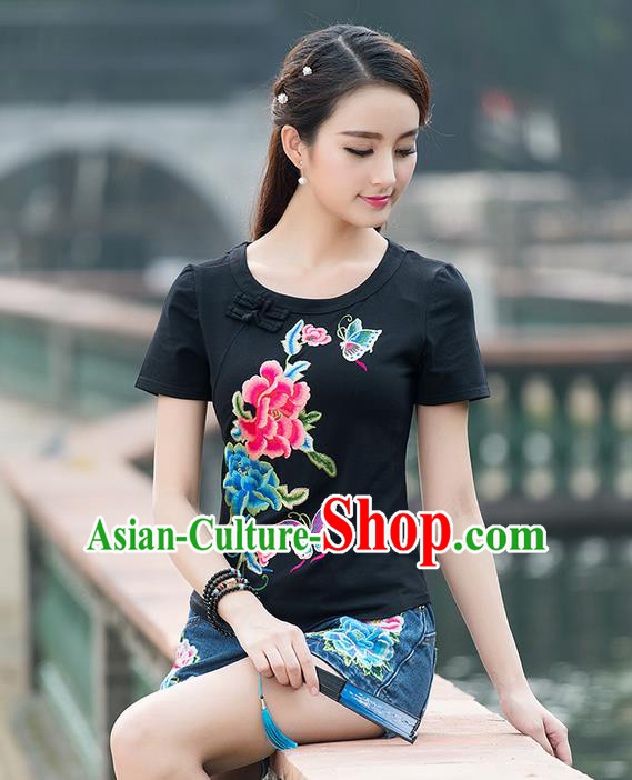 Traditional Chinese National Costume, Elegant Hanfu Embroidery Flowers Round Collar Black T-Shirt, China Tang Suit Plated Buttons Blouse Cheongsam Upper Outer Garment Shirts Clothing for Women