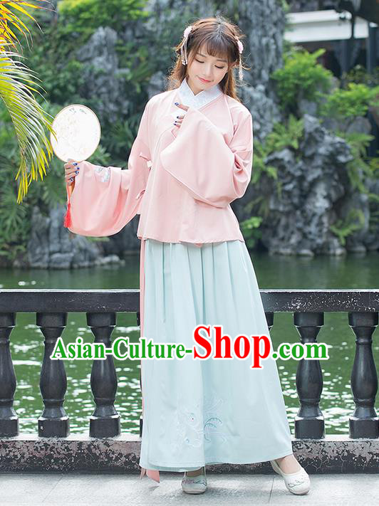 Traditional Ancient Chinese Costume, Elegant Hanfu Clothing Embroidered Sleeve Placket Pink Blouse and Dress, China Ming Dynasty Elegant Slant Opening Blouse and Skirt Complete Set for Women