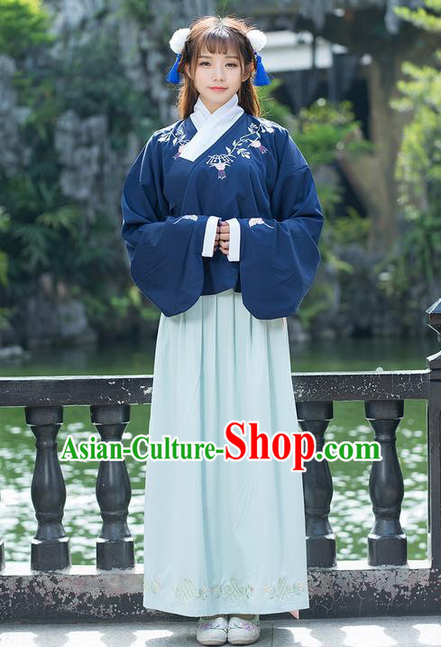 Traditional Ancient Chinese Costume, Elegant Hanfu Clothing Embroidered Sleeve Placket Blue Blouse and Dress, China Ming Dynasty Elegant Slant Opening Blouse and Skirt Complete Set for Women
