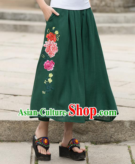 Traditional Ancient Chinese National Pleated Skirt Costume, Elegant Hanfu Embroidered Green Long Dress, China Tang Suit Palace Lady Big Swing Bust Skirt for Women