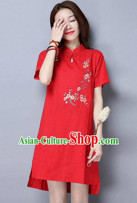 Traditional Ancient Chinese National Costume, Elegant Hanfu Mandarin Qipao Linen Embroidered Red Dress, China Tang Suit Chirpaur Republic of China Cheongsam Upper Outer Garment Elegant Dress Clothing for Women