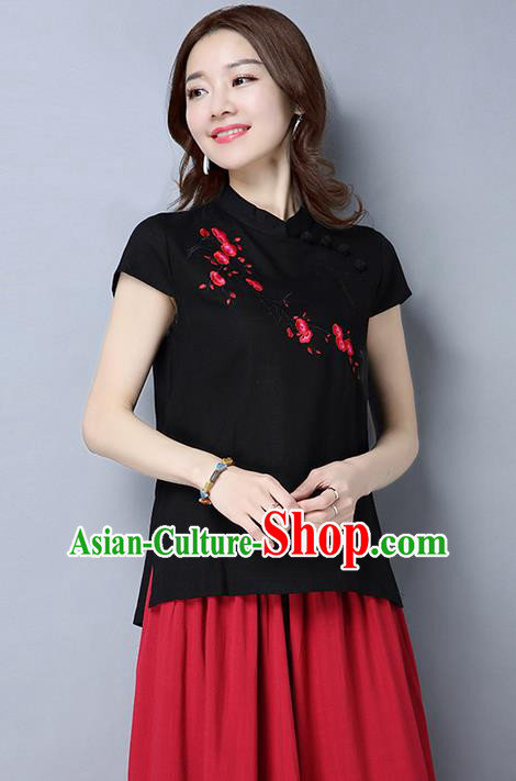 Traditional Chinese National Costume, Elegant Hanfu Embroidery Flowers Slant Opening Black T-Shirt, China Tang Suit Republic of China Plated Buttons Blouse Cheongsam Upper Outer Garment Qipao Shirts Clothing for Women