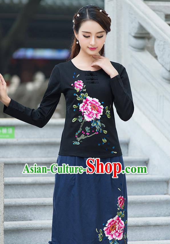 Traditional Chinese National Costume, Elegant Hanfu Embroidery Flowers Mandatin Collar Black T-Shirt, China Tang Suit Plated Buttons Blouse Cheongsam Upper Outer Garment Qipao Shirts Clothing for Women