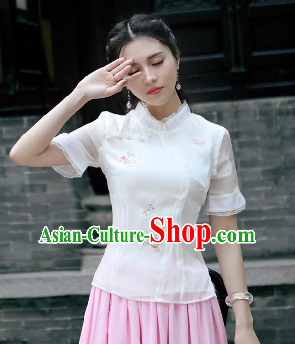 Traditional Chinese National Costume, Elegant Hanfu Embroidery Flowers Stand Collar Shirt, China Tang Suit Republic of China Plated Buttons Blouse Cheongsam Upper Outer Garment Qipao Shirts Clothing for Women