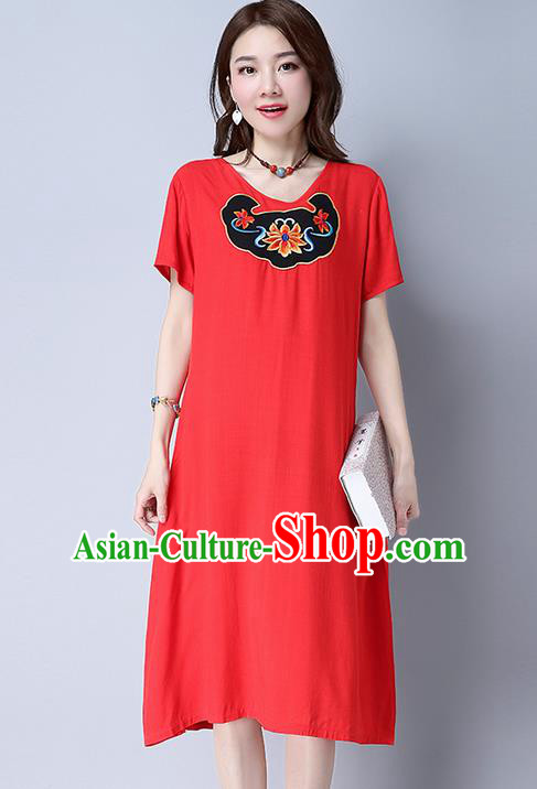 Traditional Ancient Chinese National Costume, Elegant Hanfu Mandarin Qipao Linen Patch Embroidery Red Dress, China Tang Suit Chirpaur Republic of China Cheongsam Upper Outer Garment Elegant Dress Clothing for Women