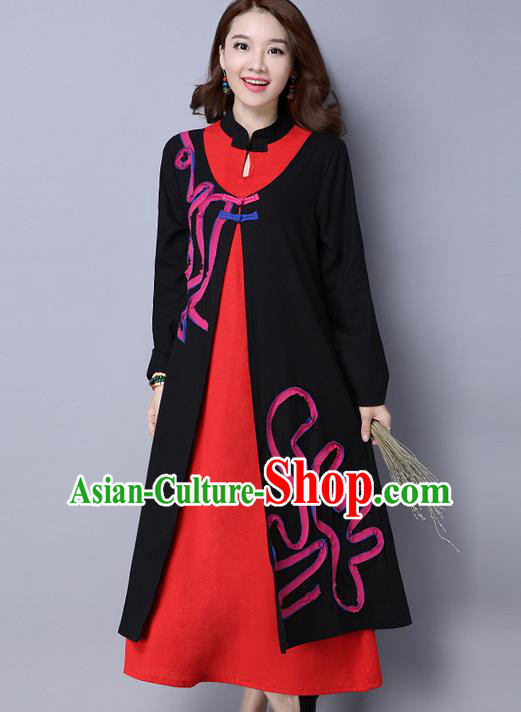 Traditional Ancient Chinese National Costume, Elegant Hanfu Mandarin Qipao Linen Contrast Color Dress, China Tang Suit Chirpaur Republic of China Stand Collar Cheongsam Upper Outer Garment Elegant Dress Clothing for Women