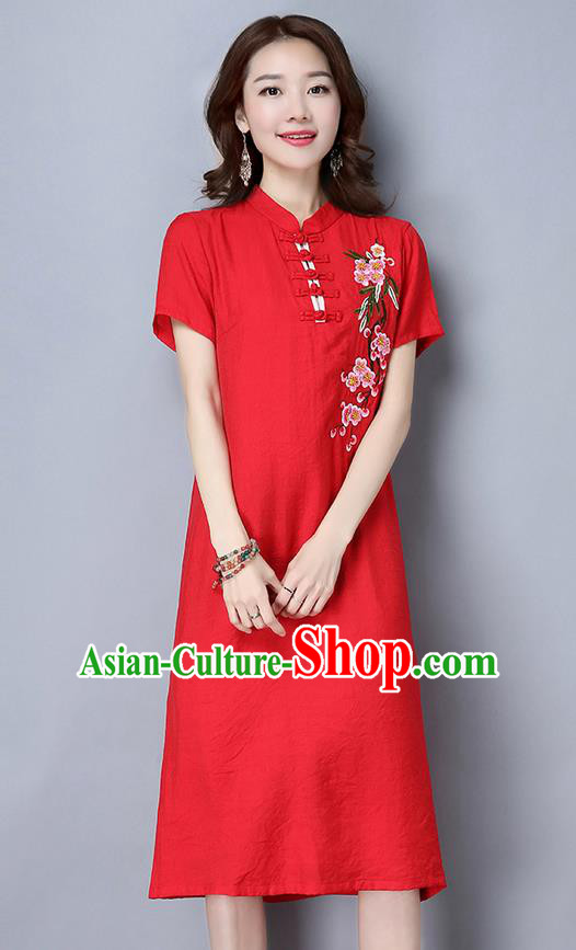 Traditional Ancient Chinese National Costume, Elegant Hanfu Mandarin Qipao Embroidered Peach Blossom Red Dress, China Tang Suit Stand Collar Chirpaur Republic of China Cheongsam Upper Outer Garment Elegant Dress Clothing for Women