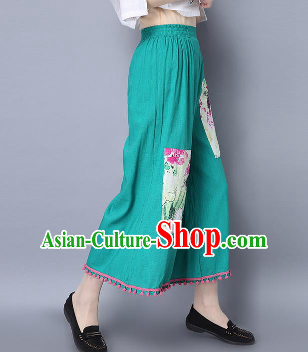 Traditional Chinese National Costume Loose Pants, Elegant Hanfu Green Wide-leg Trousers, China Ethnic Minorities Folk Dance Baggy Pants for Women