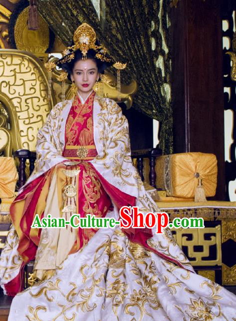 Traditional Ancient Chinese Elegant Imperial Empress Costume, Chinese Warring States Period Dynasty Imperial Queen Dress, Chinese Cosplay Palace Kaiserin Nobility Hanfu Tailing Embroidered Clothing for Women