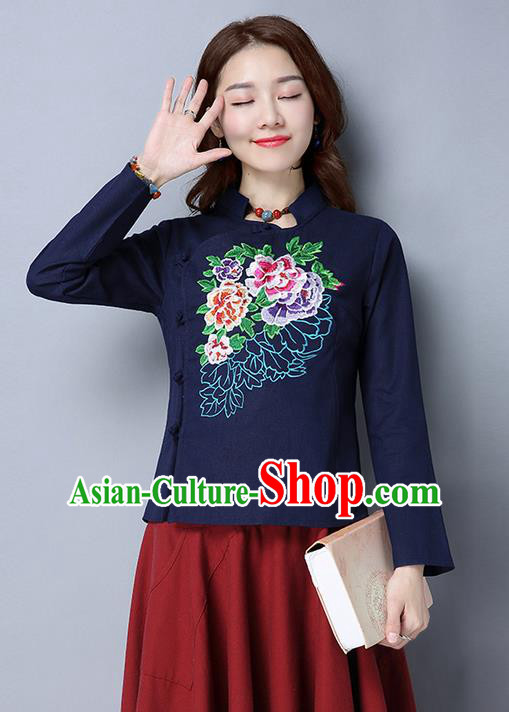 Traditional Chinese National Costume, Elegant Hanfu Embroidery Slant Opening Stand Collar Navy T-Shirt, China Tang Suit Republic of China Plated Buttons Blouse Cheongsam Upper Outer Garment Qipao Shirts Clothing for Women