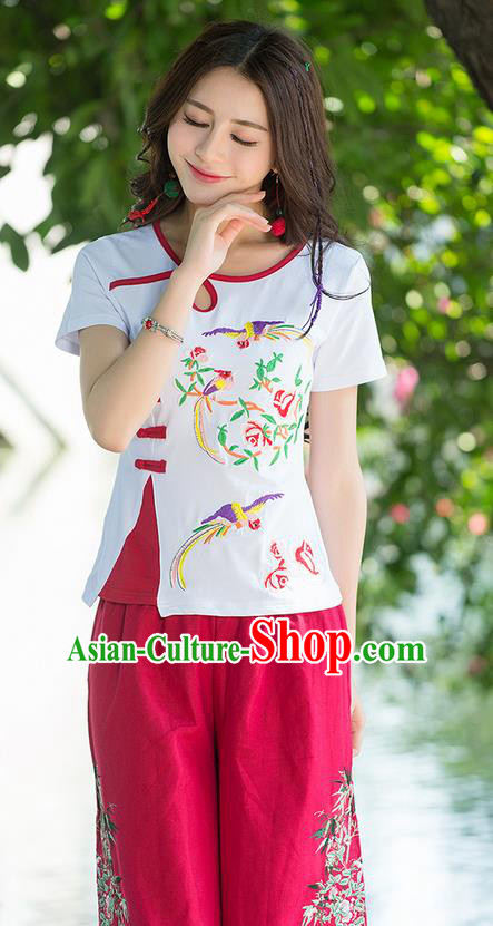 Traditional Chinese National Costume, Elegant Hanfu Embroidery Flowers Birds White T-Shirt, China Tang Suit Republic of China Plated Buttons Blouse Cheongsam Upper Outer Garment Qipao Shirts Clothing for Women
