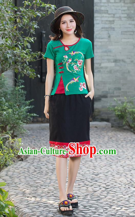 Traditional Chinese National Costume, Elegant Hanfu Embroidery Flowers Birds Green T-Shirt, China Tang Suit Republic of China Plated Buttons Blouse Cheongsam Upper Outer Garment Qipao Shirts Clothing for Women