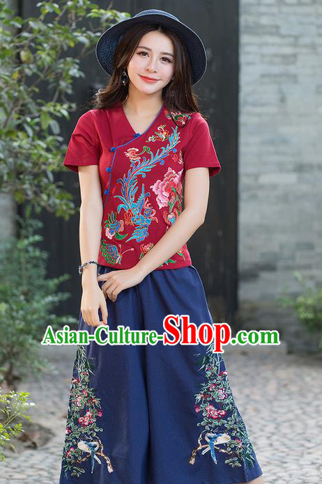 Traditional Chinese National Costume, Elegant Hanfu Embroidery Phoenix Flowers Red T-Shirt, China Tang Suit Republic of China Plated Buttons Blouse Cheongsam Upper Outer Garment Qipao Shirts Clothing for Women
