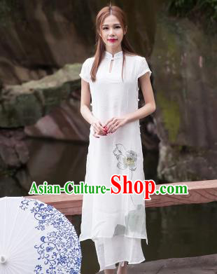 Traditional Ancient Chinese National Costume, Elegant Hanfu Mandarin Qipao Painting Lotus White Dress, China Tang Suit Chirpaur Republic of China Cheongsam Upper Outer Garment Elegant Dress Clothing for Women