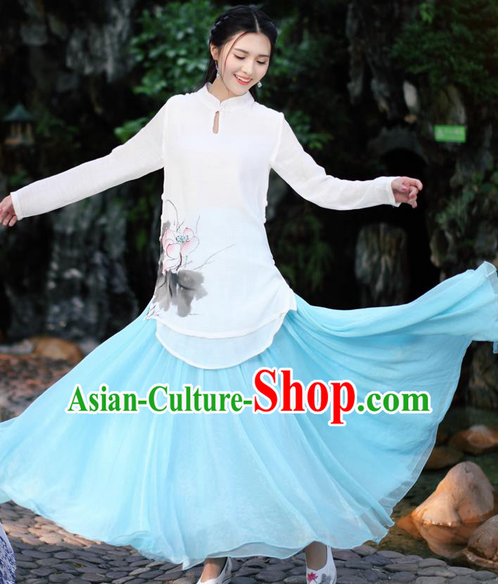 Traditional Chinese National Costume, Elegant Hanfu Ink Painting Lotus Flowers Stand Collar White Shirt, China Tang Suit Republic of China Plated Buttons Blouse Cheongsam Upper Outer Garment Qipao Shirts Clothing for Women