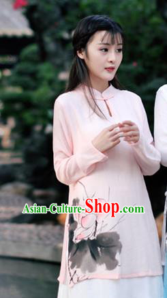 Traditional Chinese National Costume, Elegant Hanfu Ink Painting Lotus Flowers Stand Collar Pink Shirt, China Tang Suit Republic of China Plated Buttons Blouse Cheongsam Upper Outer Garment Qipao Shirts Clothing for Women