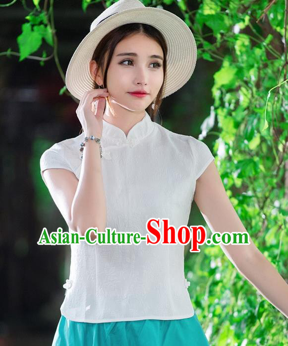 Traditional Chinese National Costume, Elegant Hanfu Slant Opening White Jacquard Shirt, China Tang Suit Republic of China Stand Collar Blouse Cheongsam Upper Outer Garment Qipao Shirts Clothing for Women