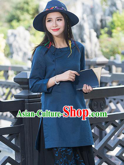 Traditional Chinese National Costume, Elegant Hanfu Embroidery Slant Opening Long Navy Shirt, China Tang Suit Republic of China Plated Buttons Blouse Cheongsam Upper Outer Garment Qipao Shirts Clothing for Women