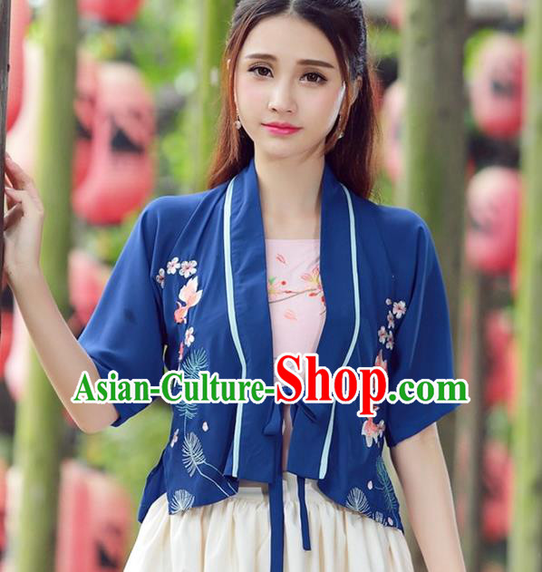 Traditional Ancient Chinese National Costume, Elegant Hanfu Embroidery Cardigan Coat, China Tang Suit Blue Cape, Upper Outer Garment Coat Cloak Clothing for Wome
