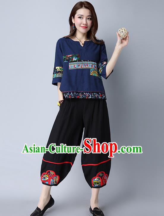 Traditional Chinese National Costume Plus Fours, Elegant Hanfu Patch Embroidered Black Bloomers, China Ethnic Minorities Tang Suit Pantalettes for Women