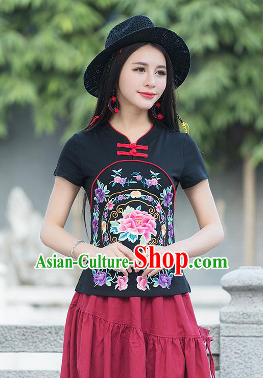 Traditional Chinese National Costume, Elegant Hanfu Embroidery Flowers Black T-Shirt, China Tang Suit Republic of China Plated Buttons Blouse Cheongsam Upper Outer Garment Qipao Shirts Clothing for Women