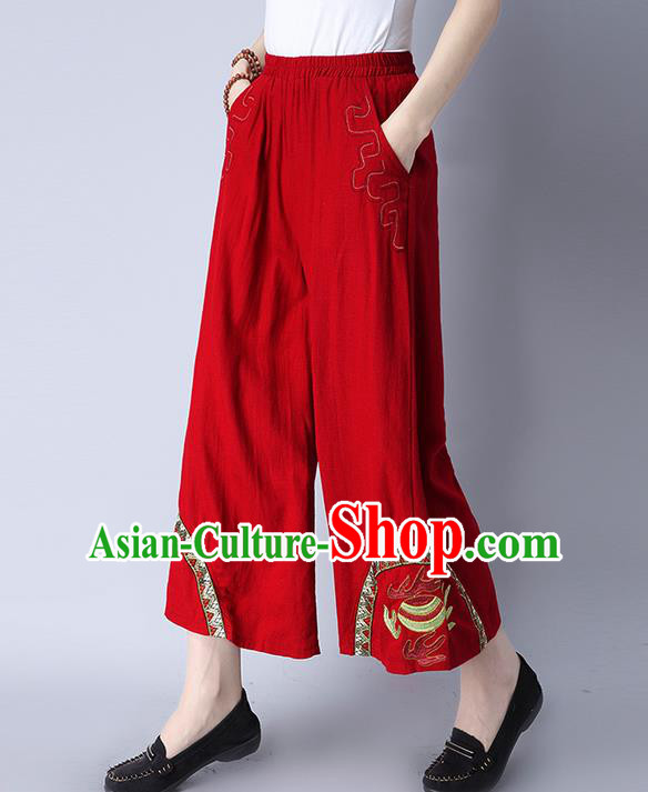 Traditional Chinese National Costume Loose Pants, Elegant Hanfu Embroidered Red Wide-leg Trousers, China Ethnic Minorities Folk Dance Baggy Pants for Women