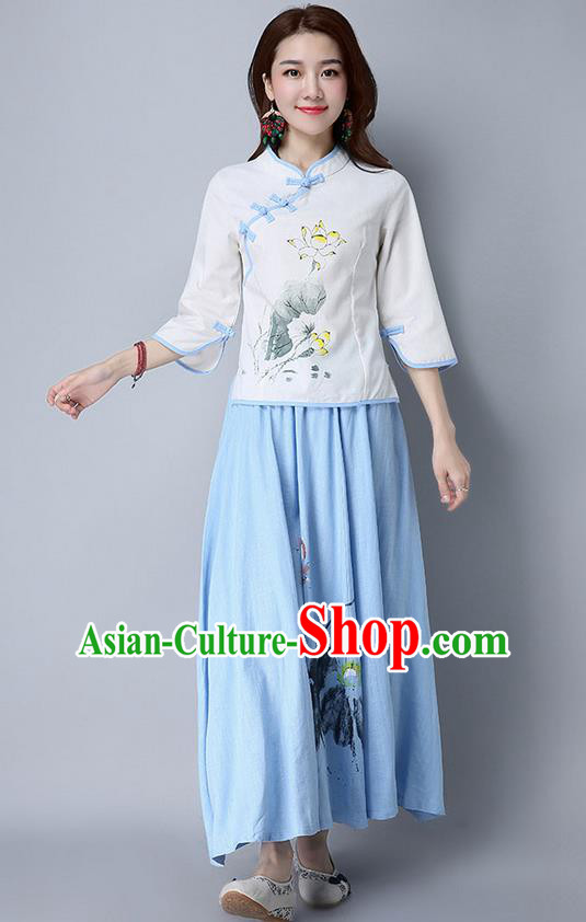 Traditional Chinese National Costume, Elegant Hanfu Painting Lotus Slant Opening Shirt, China Tang Suit Republic of China Plated Buttons Blouse Cheongsam Upper Outer Garment Qipao Shirts Clothing for Women
