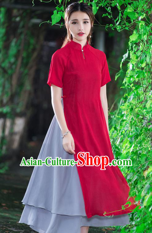 Traditional Ancient Chinese National Costume, Elegant Hanfu Mandarin Qipao Stand Collar Red Dress, China Tang Suit Ao Dai Chirpaur Republic of China Cheongsam Upper Outer Garment Elegant Dress Clothing for Women