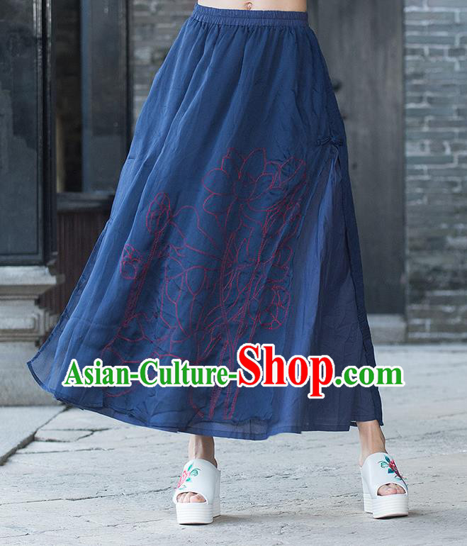 Traditional Ancient Chinese National Pleated Skirt Costume, Elegant Hanfu Embroidery Double-Deck Long Navy Dress, China Tang Dynasty Big Swing Bust Skirt for Women