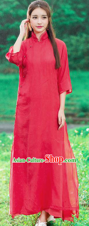 Traditional Ancient Chinese National Pleated Skirt Costume, Elegant Hanfu Organza Slant Opening Long Red Dress, China Tang Suit Stand Collar Chirpaur Republic of China Cheongsam Upper Outer Garment Elegant Dress Clothing for Women