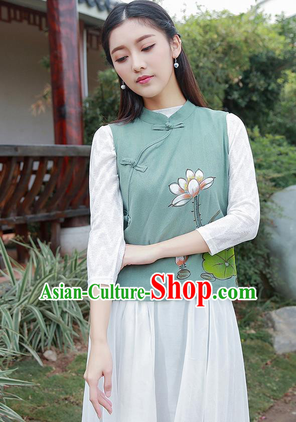 Traditional Chinese National Costume, Elegant Hanfu Painting Lotus Stand Collar Green Vest Shirt, China Tang Suit Republic of China Plated Buttons Blouse Cheongsam Upper Outer Garment Qipao Waistcoat Clothing for Women